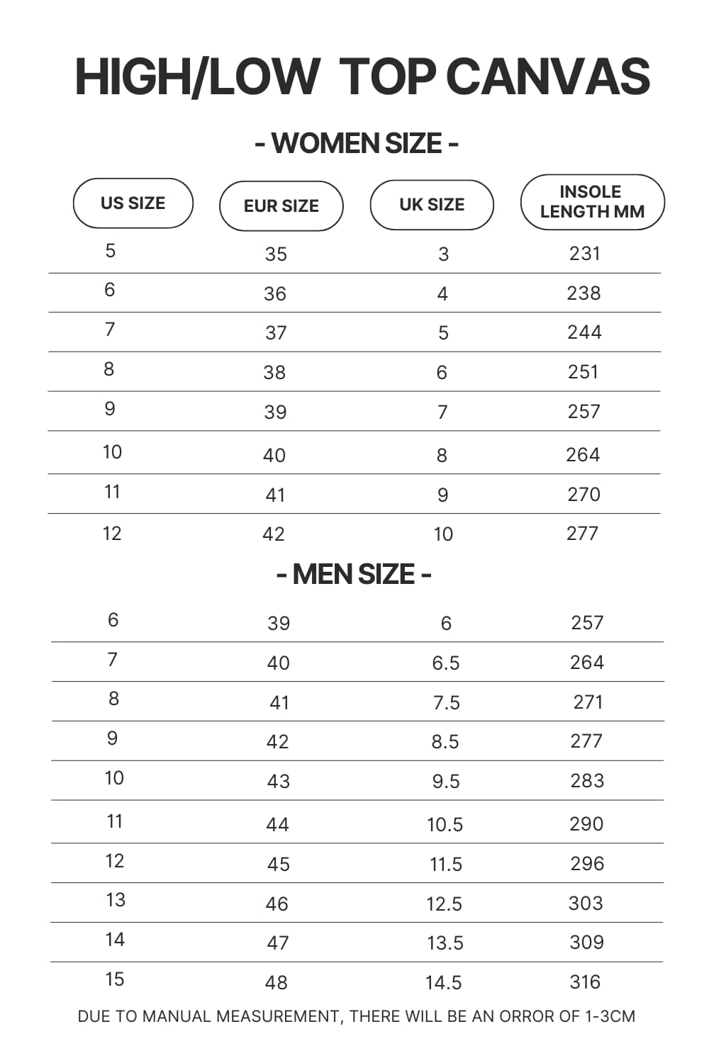 High Top Low Top Canvas Shoes Size Chart - OFFICIAL Inuyasha