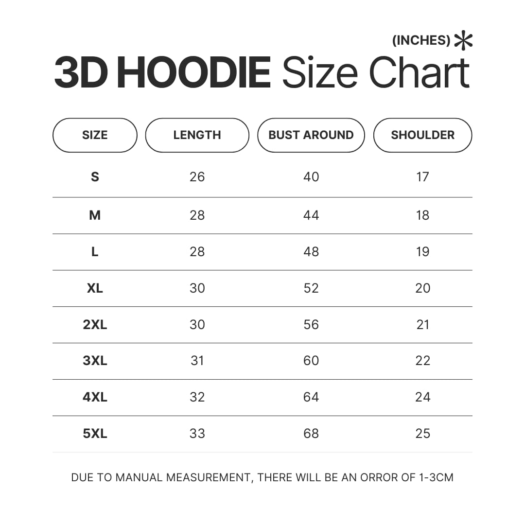 3D Hoodie Size Chart - OFFICIAL Inuyasha